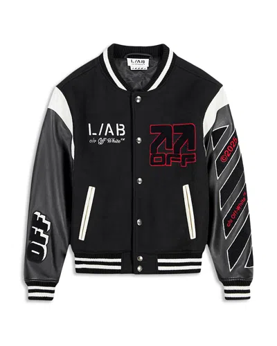 Off-white Wool & Leather Logo Graphic Varsity Jacket In Black