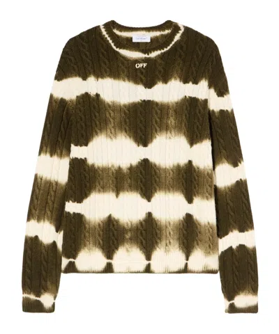 Off-white Wool Cable Knit Crew Neck Sweater In Green