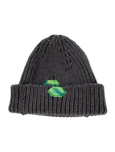 Pre-owned Off-white Wool Ribbed Knit Patch Beanie In Grey