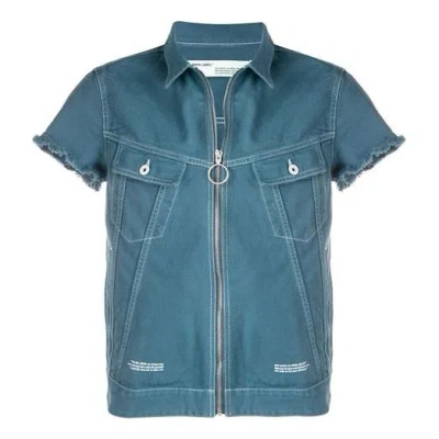 Off-white Zipper Denim Short Sleeve Shirt Loose Fit Blue