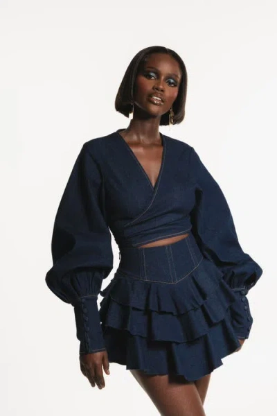 Ofuure Denim Dana Wrap Top In Blue