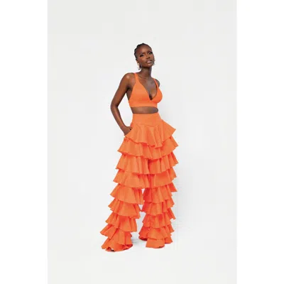 Ofuure Linen Daria Ruffle Pants In Orange