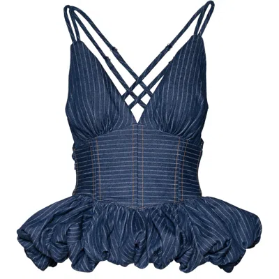 Ofuure Women's Blue Denim Pinstripe Adele Peplum Top