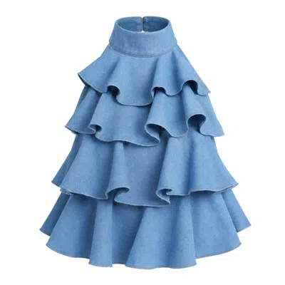 Ofuure Women's Blue Light Denim Fara Ruffle Top