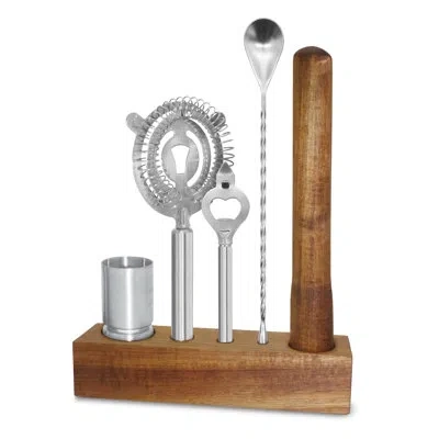 Oggi 6 Pc Bar Tool Set - Acacia / Stainless Steel In Stainless Steel;dark Brown Wood