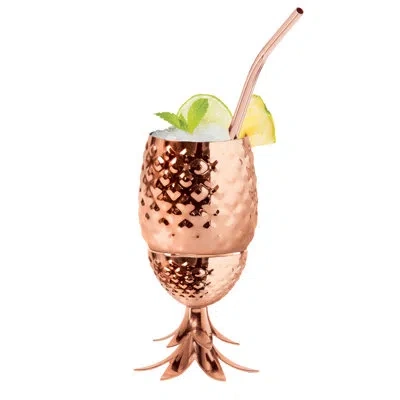 Oggi Barware (350 Ml, 12 Oz) Pineapple Cup W/ Lid & Stand In Copper