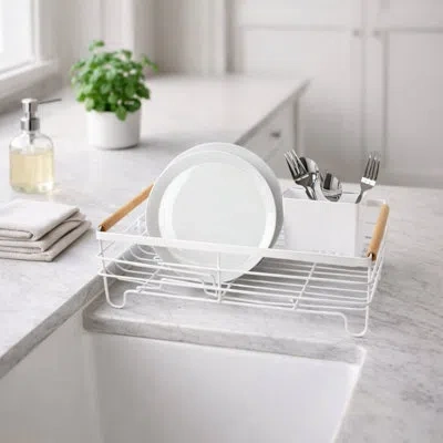 Oggi Basket Dish Drain W/utensil Caddy In Satin;natural