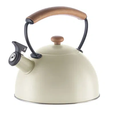 Oggi Brew Stainless Steel, Wood Handle, Whistling Tea Kettle (1.9 Lt, 64 Oz) In Gray
