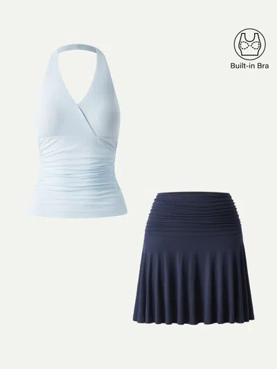 Oglmove 2pc Set Halter Neck Bra Tank & Mini Circle Skirt With Lined Shorts