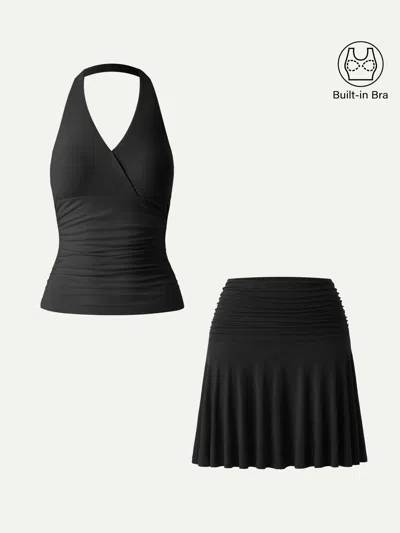 Oglmove 2pc Set Halter Neck Bra Tank & Mini Circle Skirt With Lined Shorts In Black