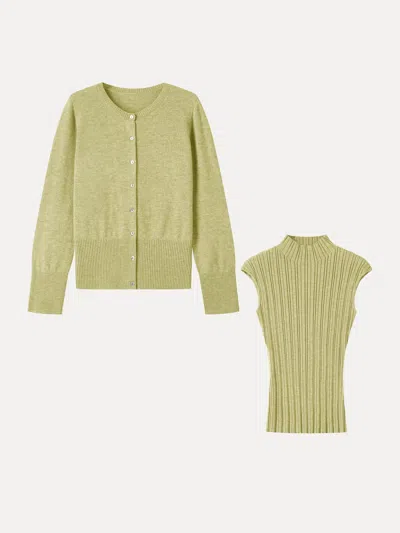 Oglmove 2pcs Set 100% Merino Wool Long Sleeve Cardigan & Mock Neck Sweater In Green