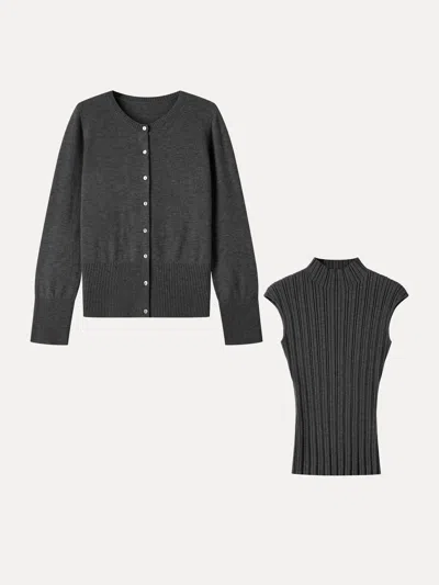 Oglmove 2pcs Set 100% Merino Wool Long Sleeve Cardigan & Mock Neck Sweater In Gray