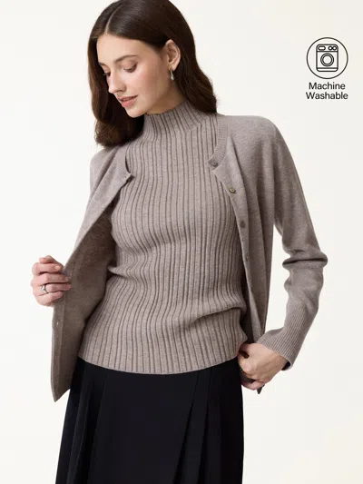 Oglmove 2pcs Set 100% Merino Wool Long Sleeve Cardigan & Mock Neck Sweater In Gray