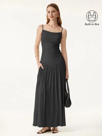 Oglmove 2pcs Set Adjustable Spaghetti Straps Bra Top & V-shape Maxi Skirt With Pockets In Black