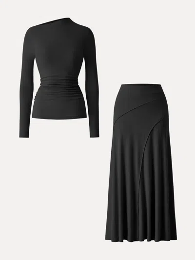 Oglmove 2pcs Set Asymmetrical Long Sleeve Bra Top & A-line Midi Skirt In Black