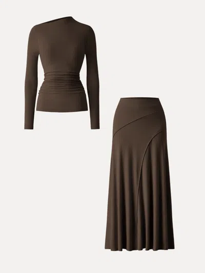 Oglmove 2pcs Set Asymmetrical Long Sleeve Bra Top & A-line Midi Skirt In Espresso