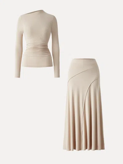 Oglmove 2pcs Set Asymmetrical Long Sleeve Bra Top & A-line Midi Skirt In Natural Calico