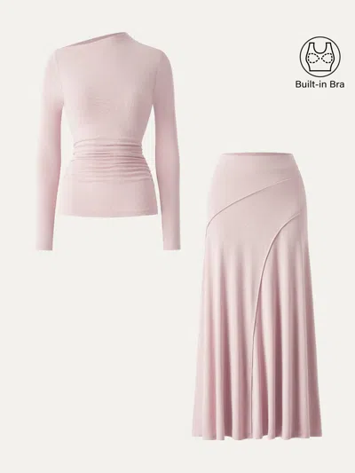 Oglmove 2pcs Set Asymmetrical Long Sleeve Bra Top & A-line Midi Skirt In Powder Pink