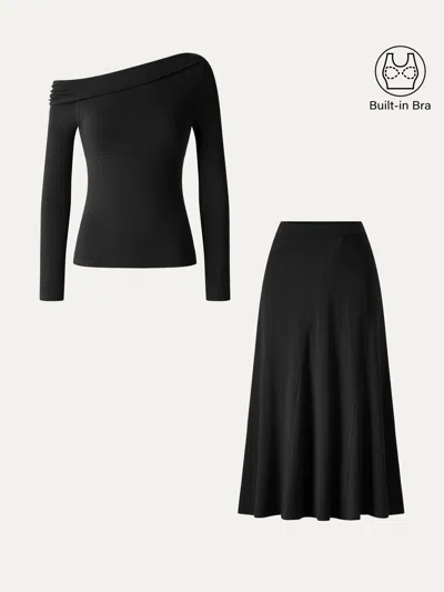 Oglmove 2pcs Set Asymmetrical Neck Long Sleeve Bra Top & High-rise A-line Midi Skirt In Black
