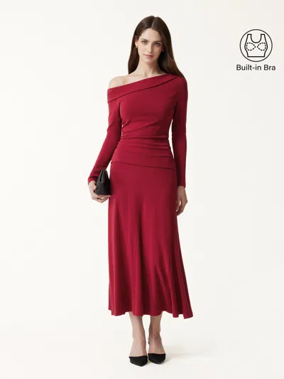 Oglmove 2pcs Set Asymmetrical Neck Long Sleeve Bra Top & High-rise A-line Midi Skirt In Brick