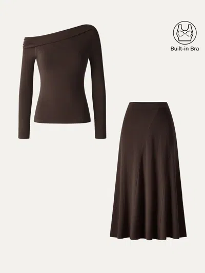 Oglmove 2pcs Set Asymmetrical Neck Long Sleeve Bra Top & High-rise A-line Midi Skirt In Espresso Shut