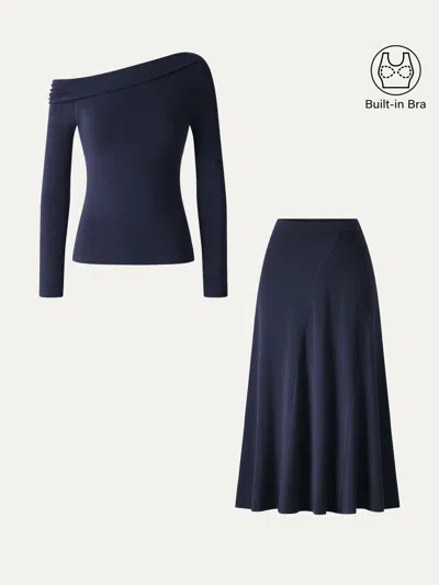 Oglmove 2pcs Set Asymmetrical Neck Long Sleeve Bra Top & High-rise A-line Midi Skirt In Midnight Navy