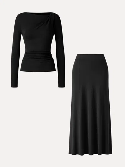 Oglmove 2pcs Set Asymmetrical Neck Long Sleeve Ruched Top & High-rise A-line Maxi Skirt In Black