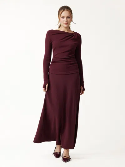 Oglmove 2pcs Set Asymmetrical Neck Long Sleeve Ruched Top & High-rise A-line Maxi Skirt In Burgundy