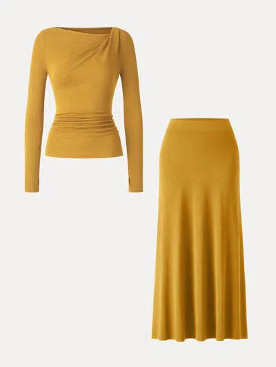 Oglmove 2pcs Set Asymmetrical Neck Long Sleeve Ruched Top & High-rise A-line Maxi Skirt In Yellow