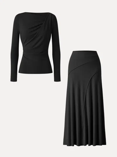 Oglmove 2pcs Set Asymmetrical Neck Long Sleeve Top & Drapey A-line Midi Skirt In Black