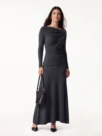 Oglmove 2pcs Set Asymmetrical Neck Long Sleeve Top & Drapey A-line Midi Skirt In Heather Night Charcoal
