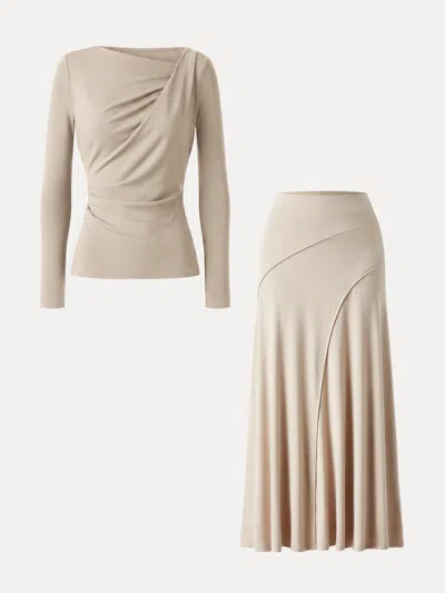 Oglmove 2pcs Set Asymmetrical Neck Long Sleeve Top & Drapey A-line Midi Skirt In Natural Calico