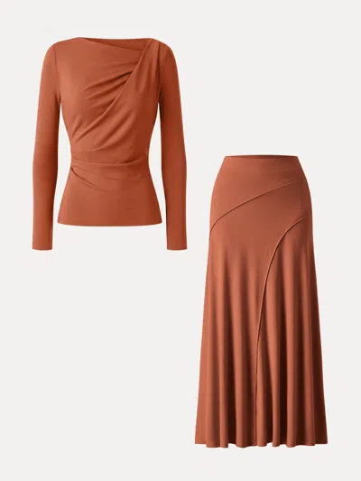 Oglmove 2pcs Set Asymmetrical Neck Long Sleeve Top & Drapey A-line Midi Skirt In Savanna Orange