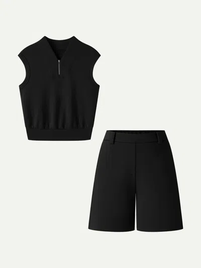 Oglmove 2pcs Set Banded Hem Travel Top & Shorts With Pockets In Black