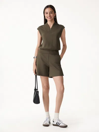 Oglmove 2pcs Set Banded Hem Travel Top & Shorts With Pockets In Forest Olive Green