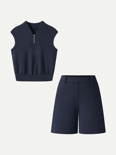 Oglmove 2pcs Set Banded Hem Travel Top & Shorts With Pockets In Navy