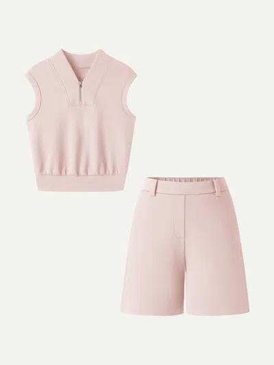 Oglmove 2pcs Set Banded Hem Travel Top & Shorts With Pockets In Pink