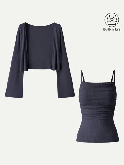 Oglmove 2pcs Set Bell Sleeve Cardigan & Adjustable Spaghetti Bra Tank