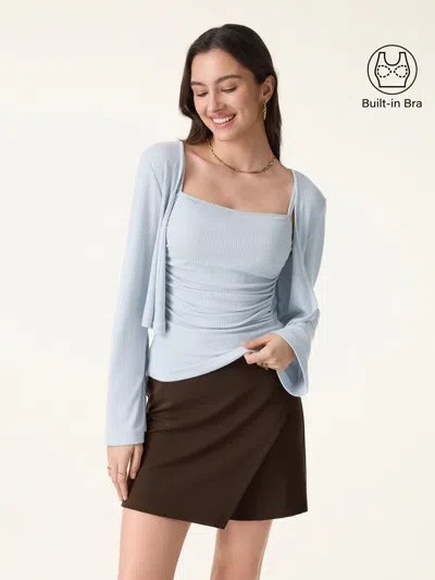 Oglmove 2pcs Set Bell Sleeve Cardigan & Adjustable Spaghetti Bra Tank In Blue