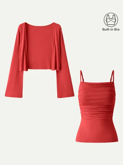 Oglmove 2pcs Set Bell Sleeve Cardigan & Adjustable Spaghetti Bra Tank In Red