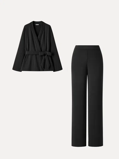 Oglmove 2pcs Set Belted Wrap Cardigan Coat With Poclets & High-rise Straight-leg Pants With Pockets In Black