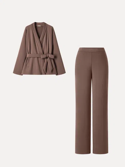 Oglmove 2pcs Set Belted Wrap Cardigan Coat With Poclets & High-rise Straight-leg Pants With Pockets In Brown