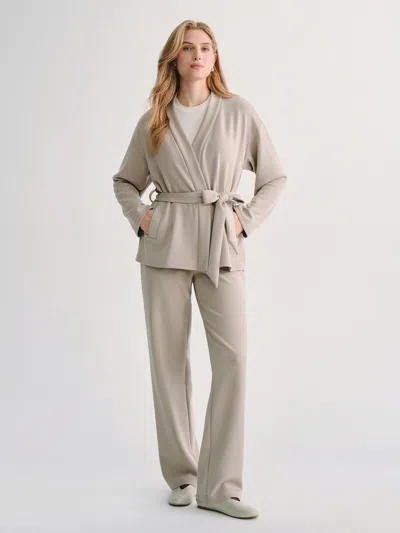 Oglmove 2pcs Set Belted Wrap Cardigan Coat With Poclets & High-rise Straight-leg Pants With Pockets In Neutral