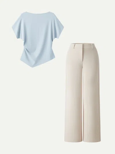 Oglmove 2pcs Set Boatneck Angled Tee & Mid Rise Wide Leg Trousers