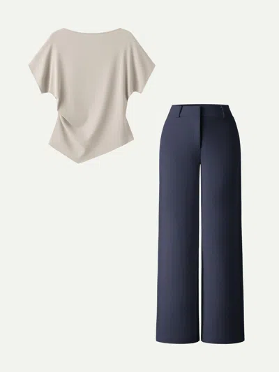 Oglmove 2pcs Set Boatneck Angled Tee & Mid Rise Wide Leg Trousers