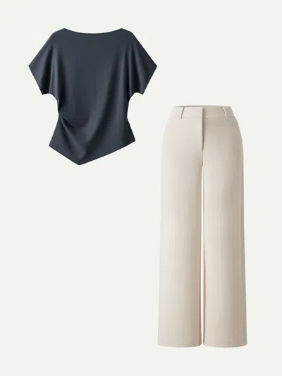 Oglmove 2pcs Set Boatneck Angled Tee & Mid Rise Wide Leg Trousers