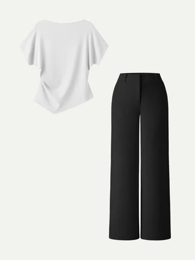 Oglmove 2pcs Set Boatneck Angled Tee & Mid Rise Wide Leg Trousers In Multi