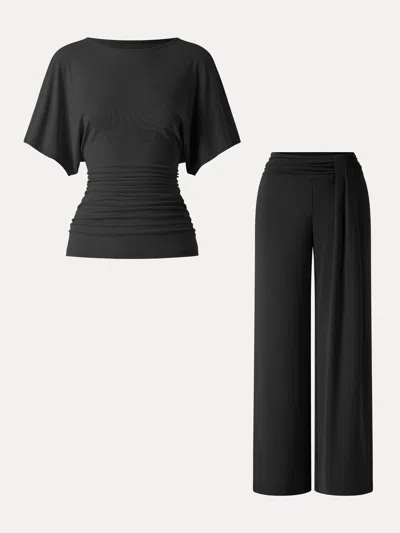 Oglmove 2pcs Set Boatneck Batwing Sleeve Top & Mid-rise Wide-leg Lounge Pants In Black