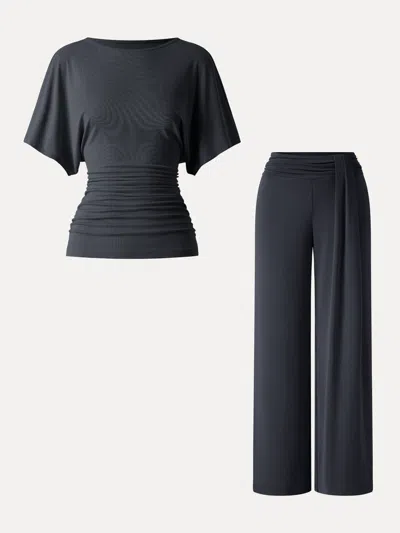 Oglmove 2pcs Set Boatneck Batwing Sleeve Top & Mid-rise Wide-leg Lounge Pants In Deep Navy