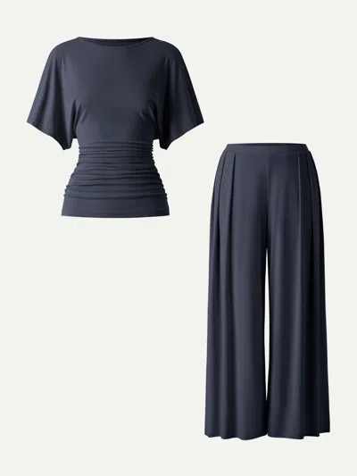 Oglmove 2pcs Set Boatneck Batwing Sleeve Top & Wide Leg Palazzo Pants With Pockets In Blue